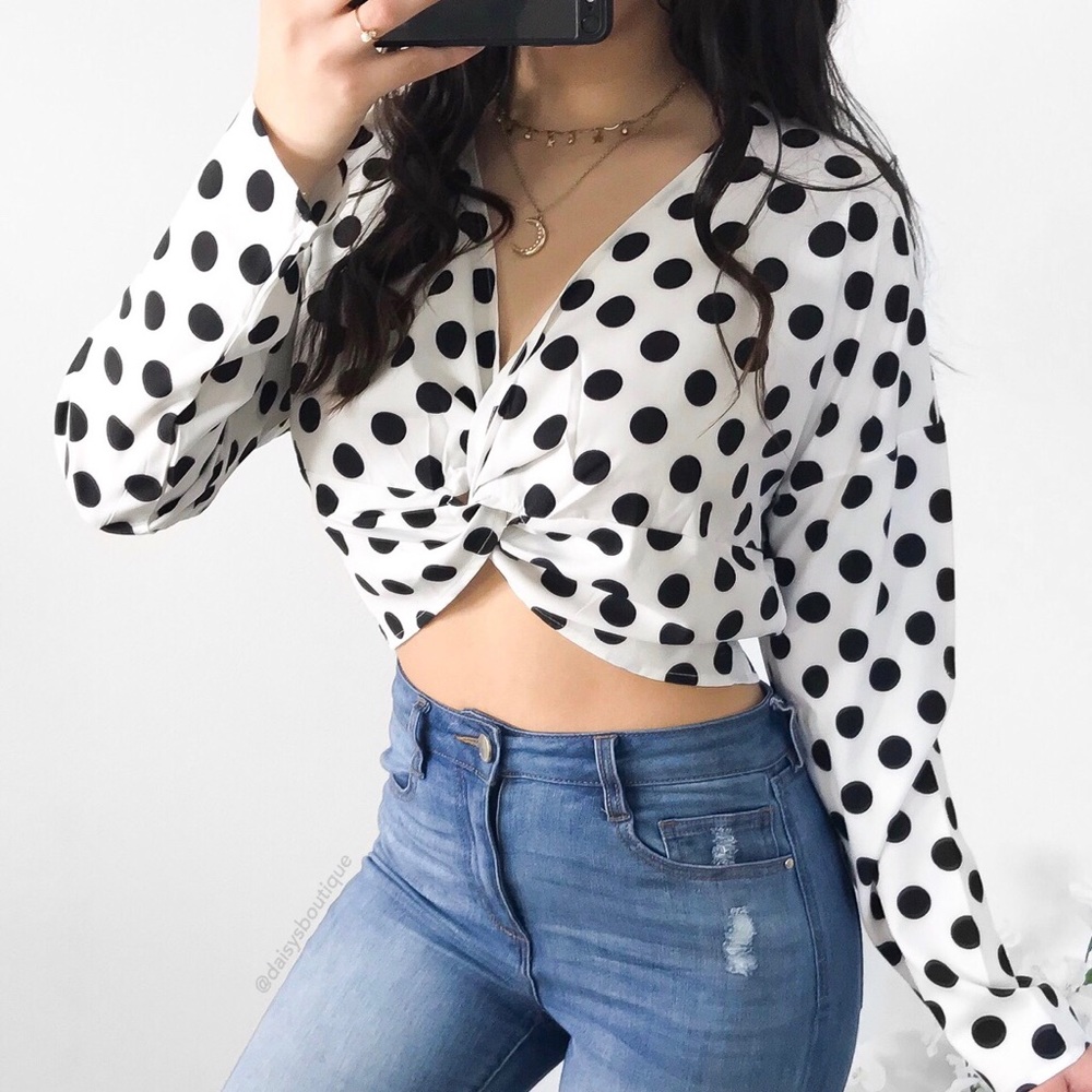 white & black polka dot twist knot front crop top